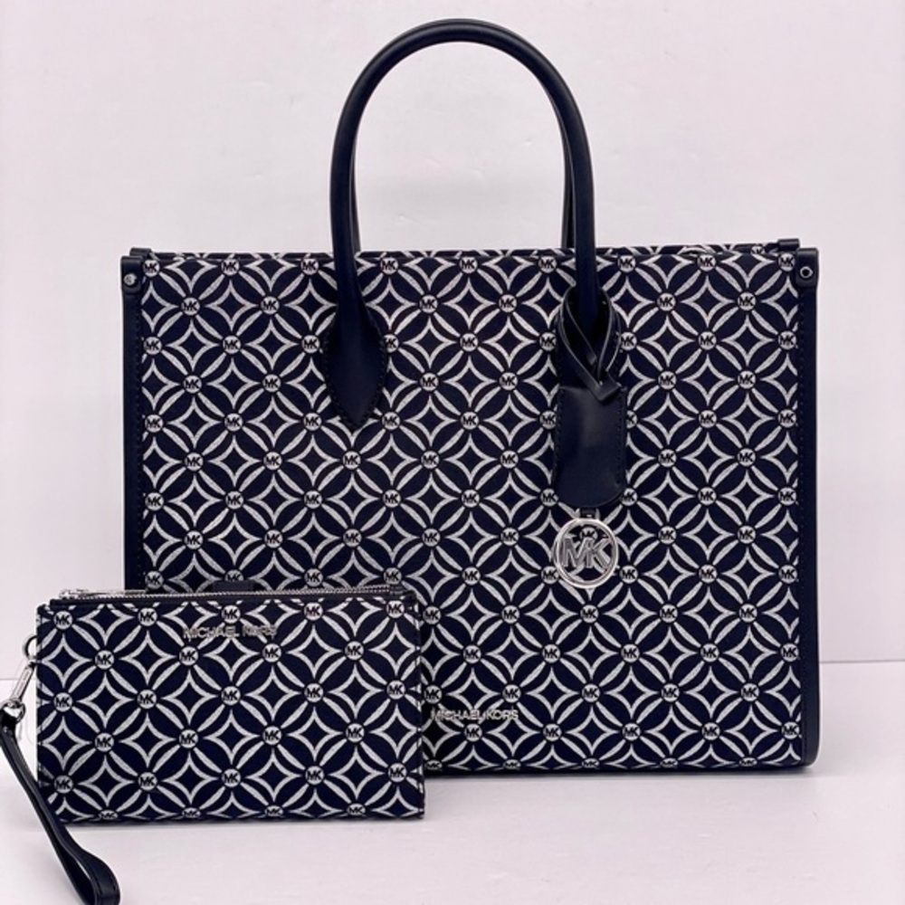Michael Kors Mirella Medium Metallic Logo Jacquard Tote Bag and Wallet Set